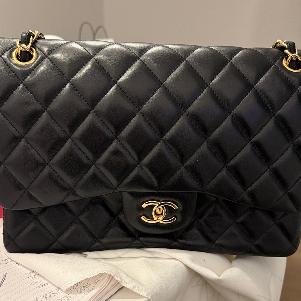 Chanel Classic Double Flap Black Quilted Lambskin Leather Medium Shoulder Bag